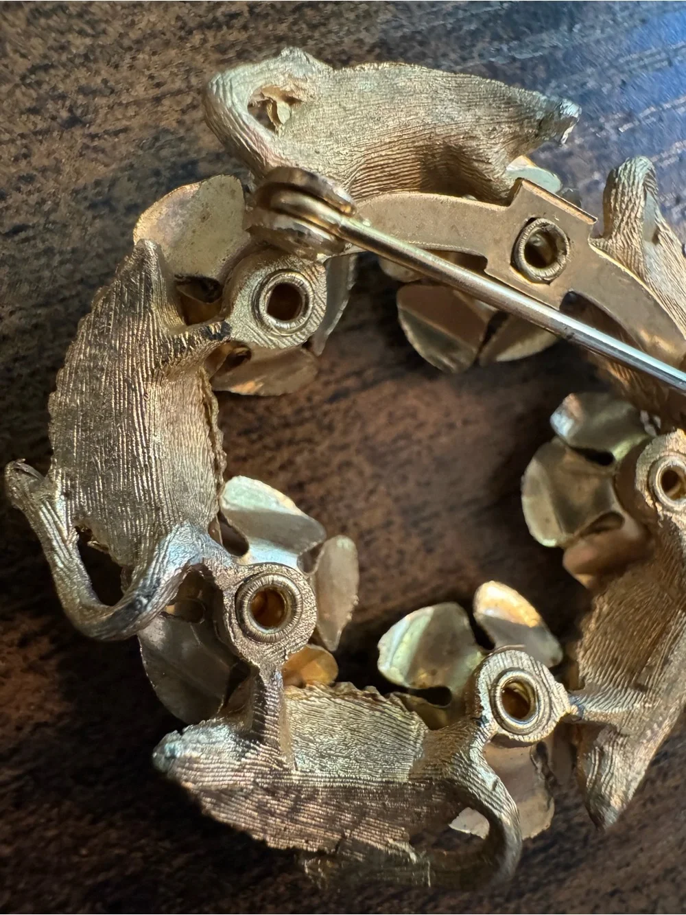 Smaller Gold Tone Wreath Brooch with Clear Crystals, Unmarked, Retro, Elegant
